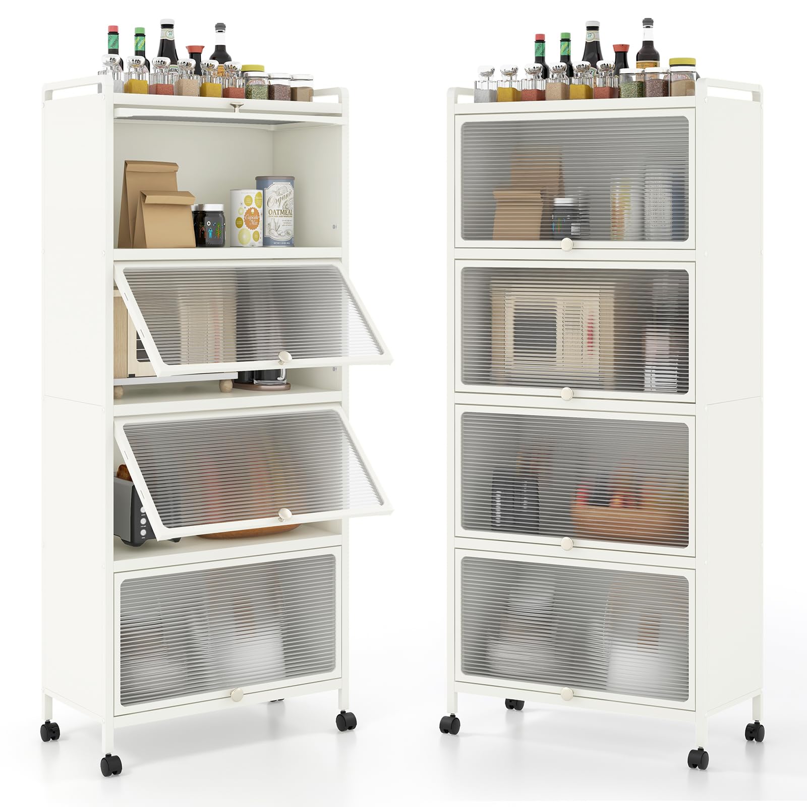 Giantex 5-Tier Kitchen Storage Cabinet, Mobile Microwave Stand With Flip-Up Pc Doors, Freestanding Kitchen Bakers Rack With 4 Rolling Casters, For Dining Room, Living Room And Study (White)
