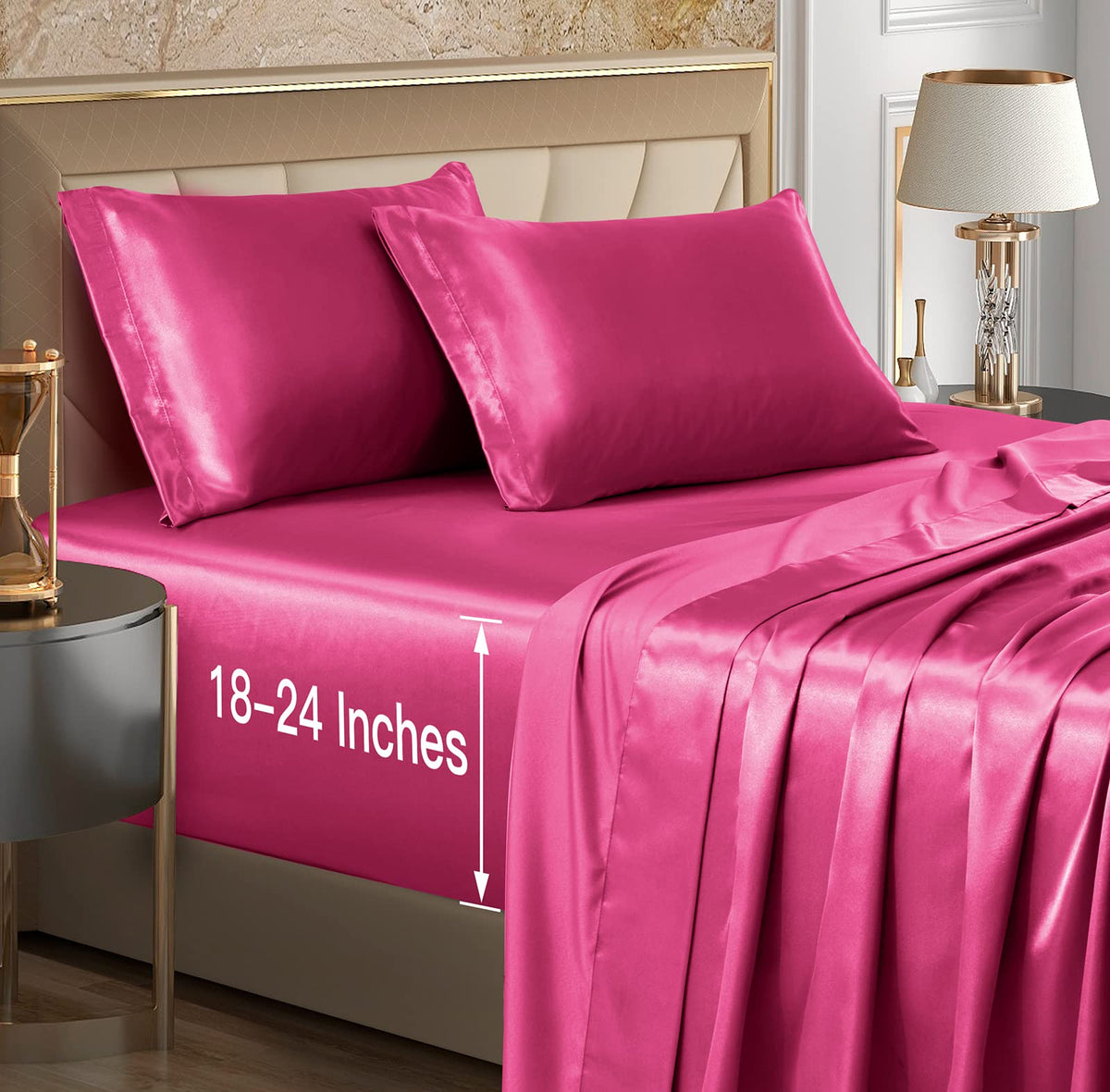 Vacvelt 4Pcs Deep Pocket Satin Sheets - King Size Bed Set, Hot Pink Luxury Sheet Set Fit 18-24 Inch Deep Pocket, Soft Ultra Deep