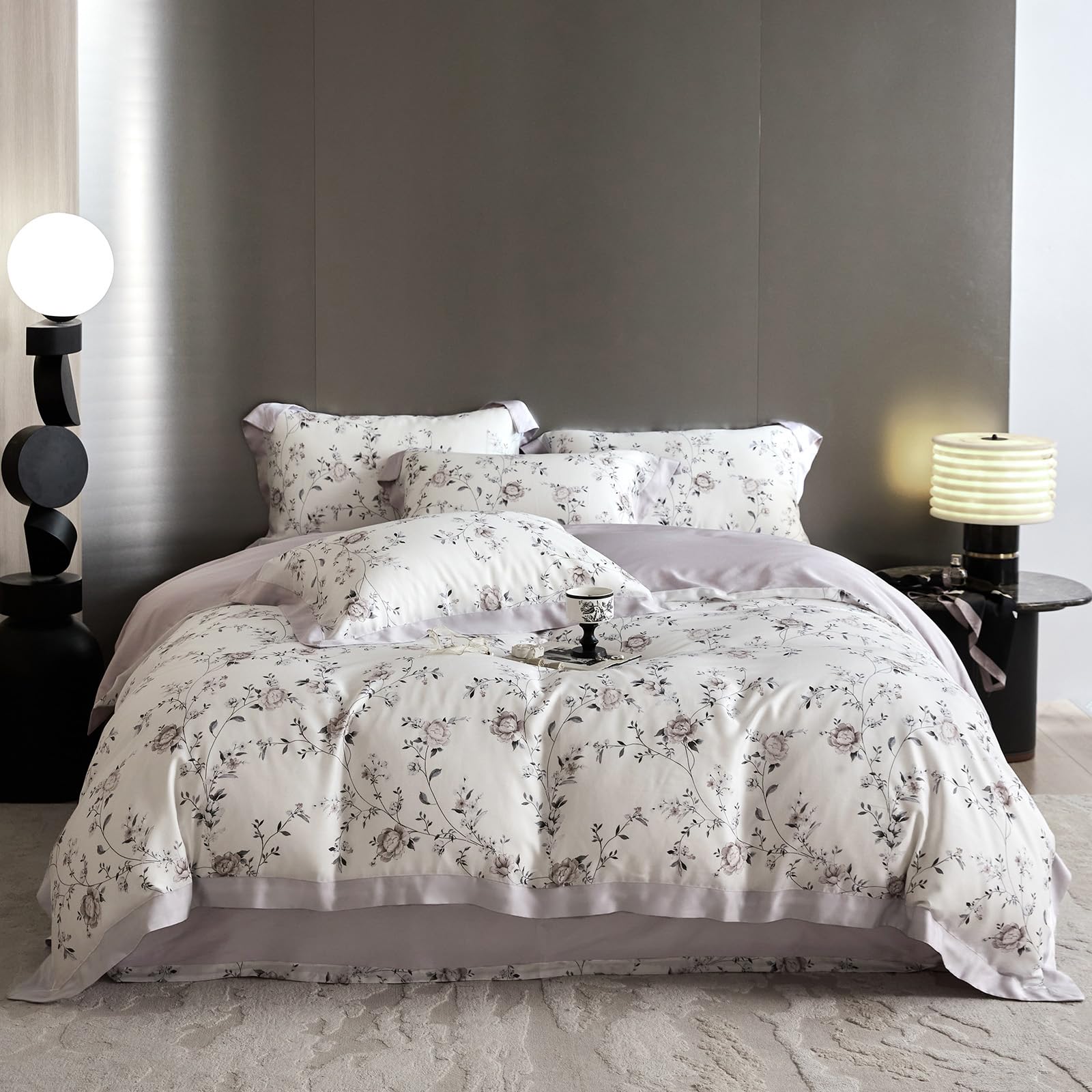 Vm Vougemarket Lyocell Duvet Cover King With 2 Pillow Shams,Vintage Garden Flower Bedding Set,Silky Soft, Cool-To-The-Touch Comf