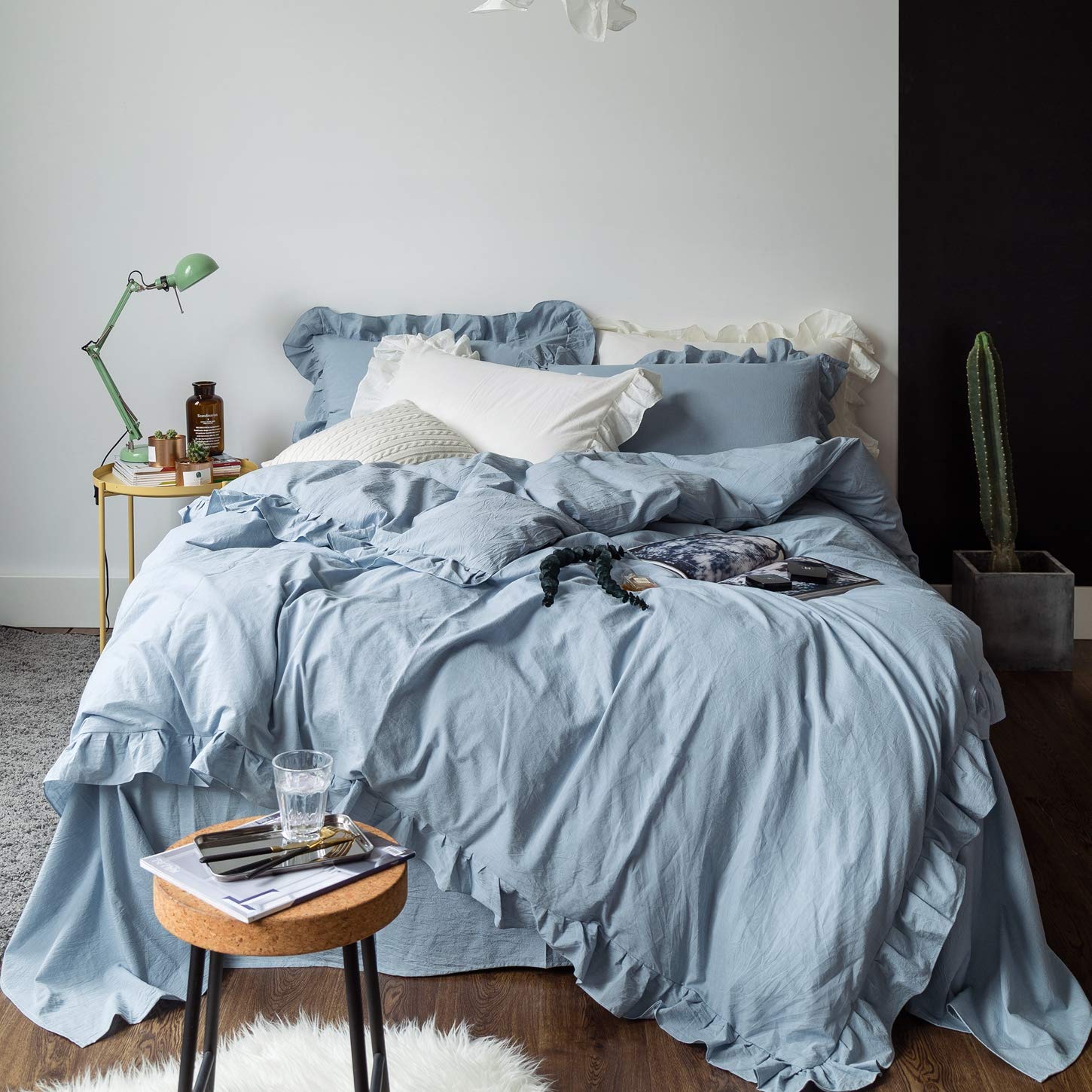 Susybao Blue Ruffle Duvet Cover Queen 100% Washed Cotton Light Blue Farmhouse Duvet Cover Set 3 Pieces 1 Blue Princess Duvet Cov