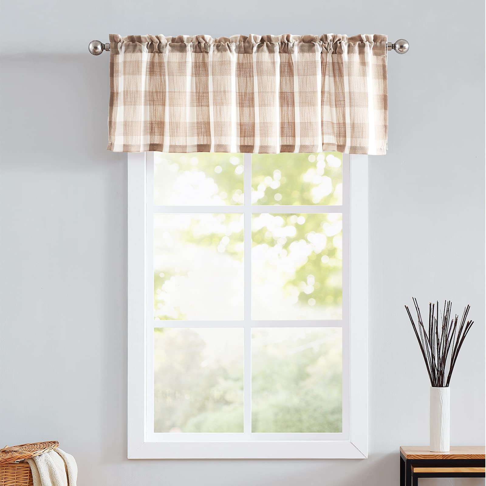Treatmentex Buffalo Check Kitchen Valance Curtains For Living Room Taupe And White Farmhouse Check Plaid Window Valance For Bath