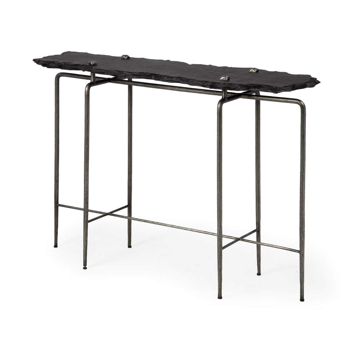 HomeRoots Black, Antiqued Brass Slate, Metal Black Slate Console Table with Iron Base