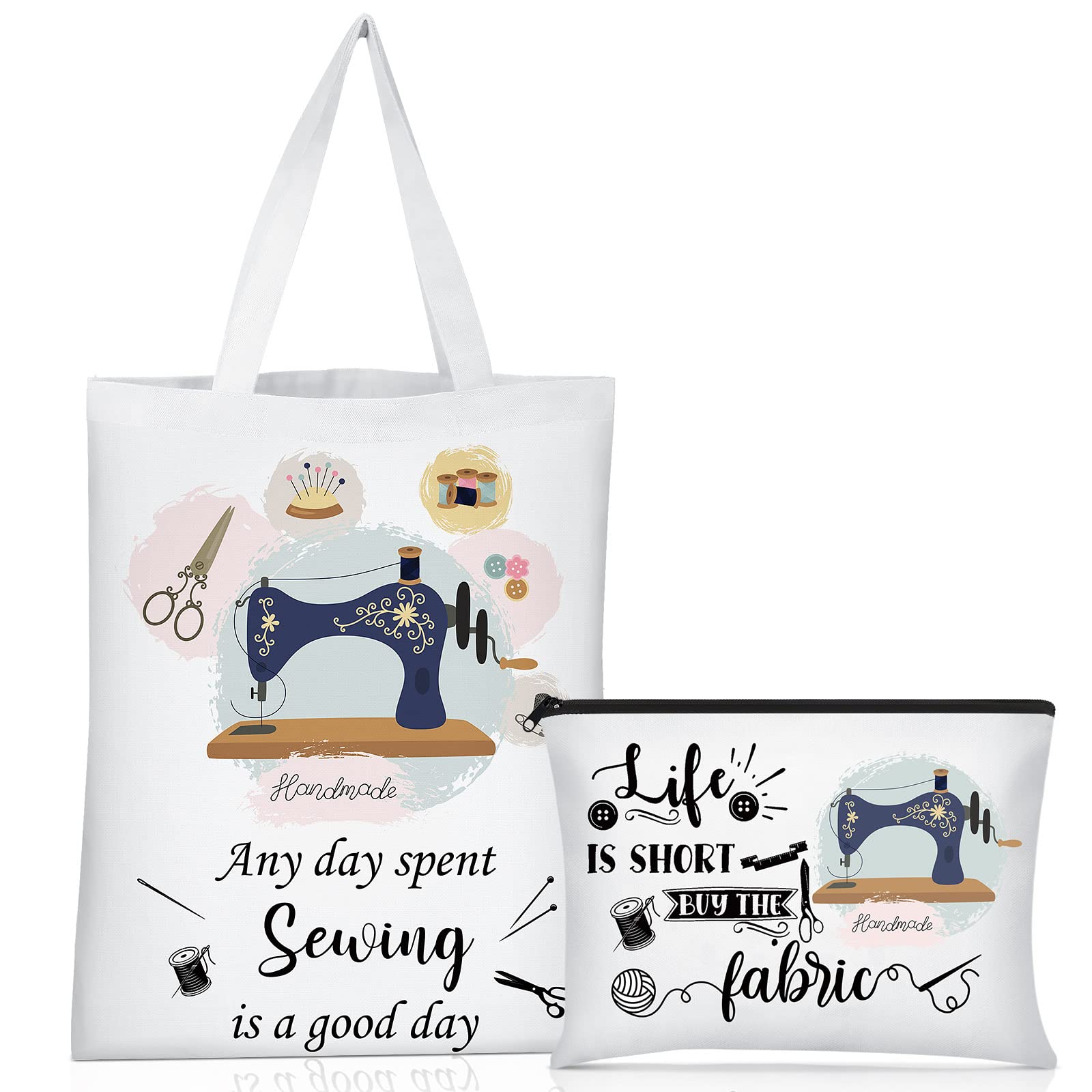 2 Pcs Sewing Gifts Tote Bags Sewing Canvas Bag and Cosmetic Bag Seamstress Gifts Sewing Gifts for Sewing Lovers, Women, Mom,Chri