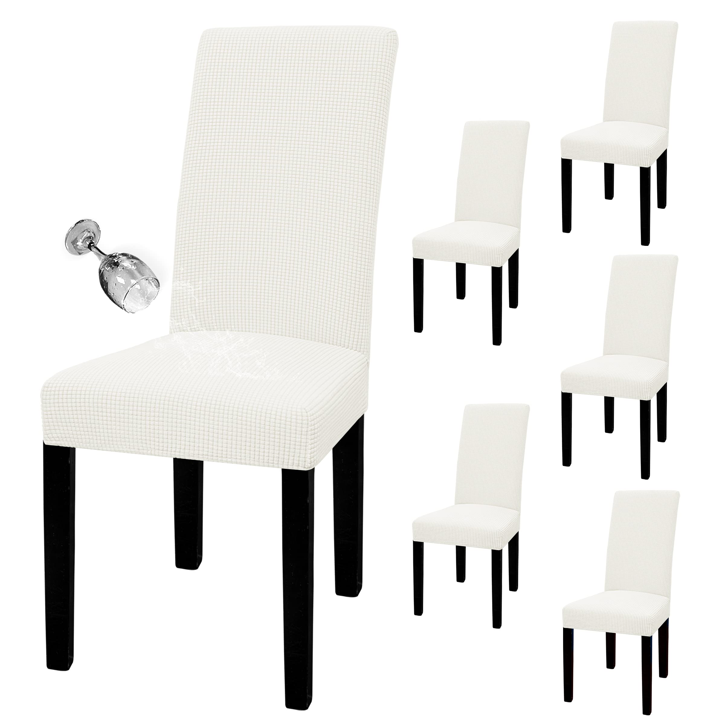 Easy-Going 100% Waterproof Dining Room Chair Cover Set Of 6, Stretch Jacquard Parson Chair Slipcover Removable Washable Chair Protector For Home, Restaurant, Banquet (Large, Cream)