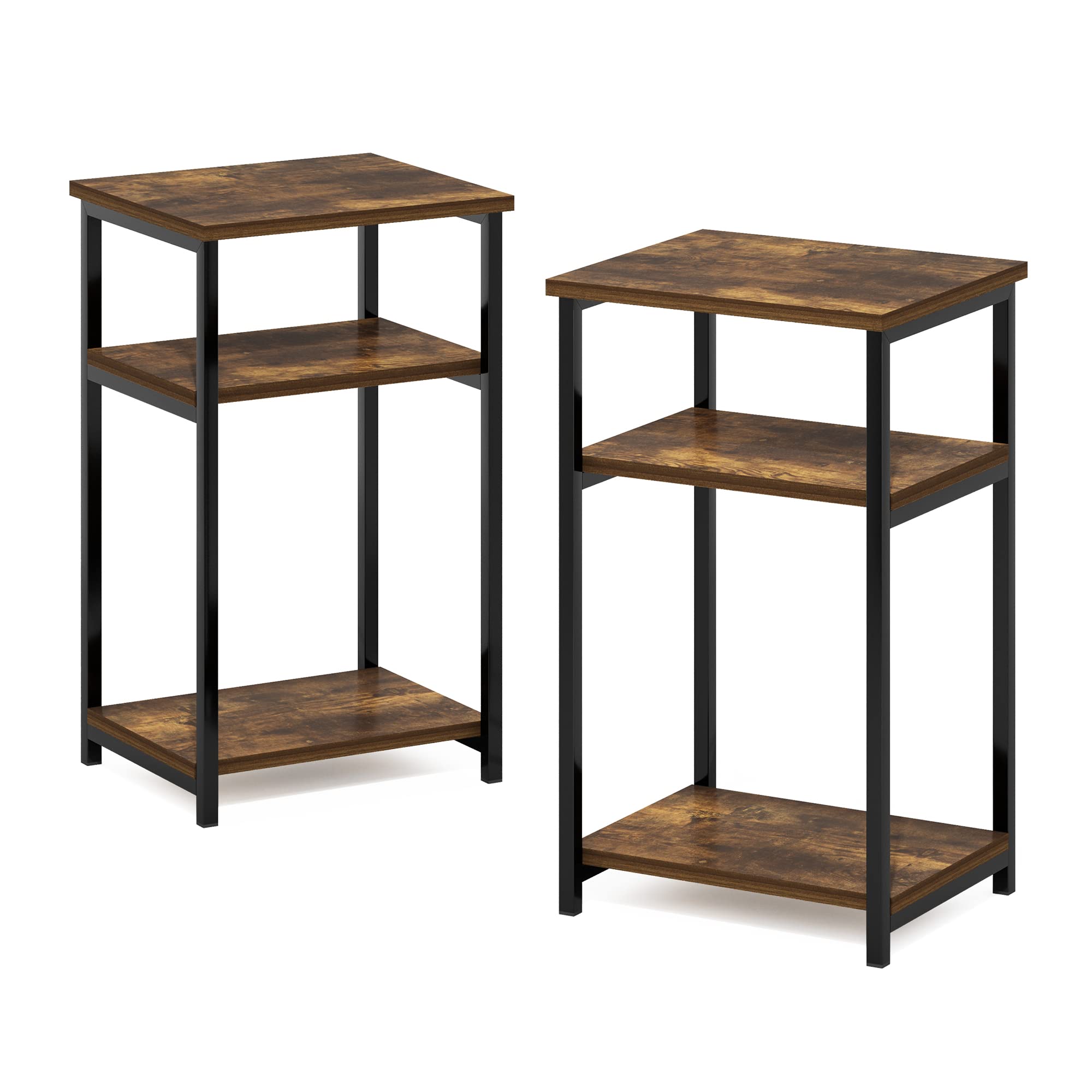 Furinno Just 3-Tier Metal Frame End Table with Storage Shelves, 2-Pack, Amber Pine