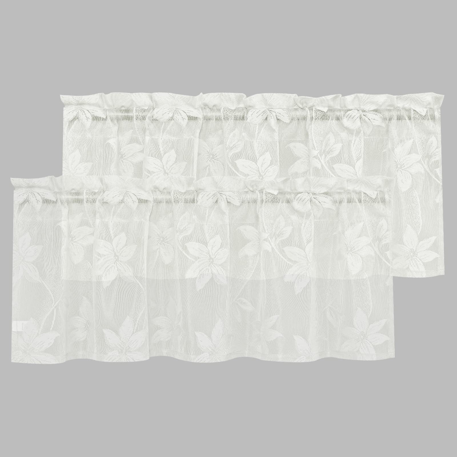Dwcn 2 Pack Ivory White Floral Lace Valances For Kitchen - Rod Pocket 42 X 12 Inch Half Window Sheer Curtains For Small Window L