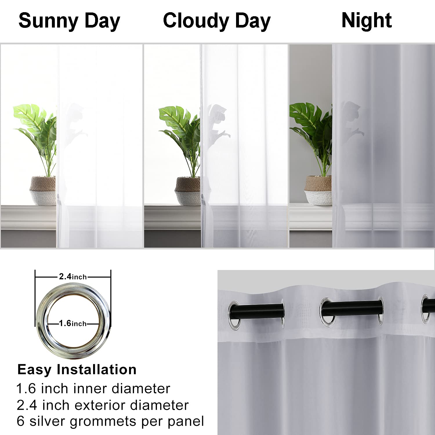 Hiasan Sheer Curtains 96 Inches Long With Tiebacks, Light Filtering Breathable Voile Drape Lightweight Grommet Window Curtains For Bedroom, Patio Door, Living Room, Grey, W42 X L96, Set Of 2 Panels