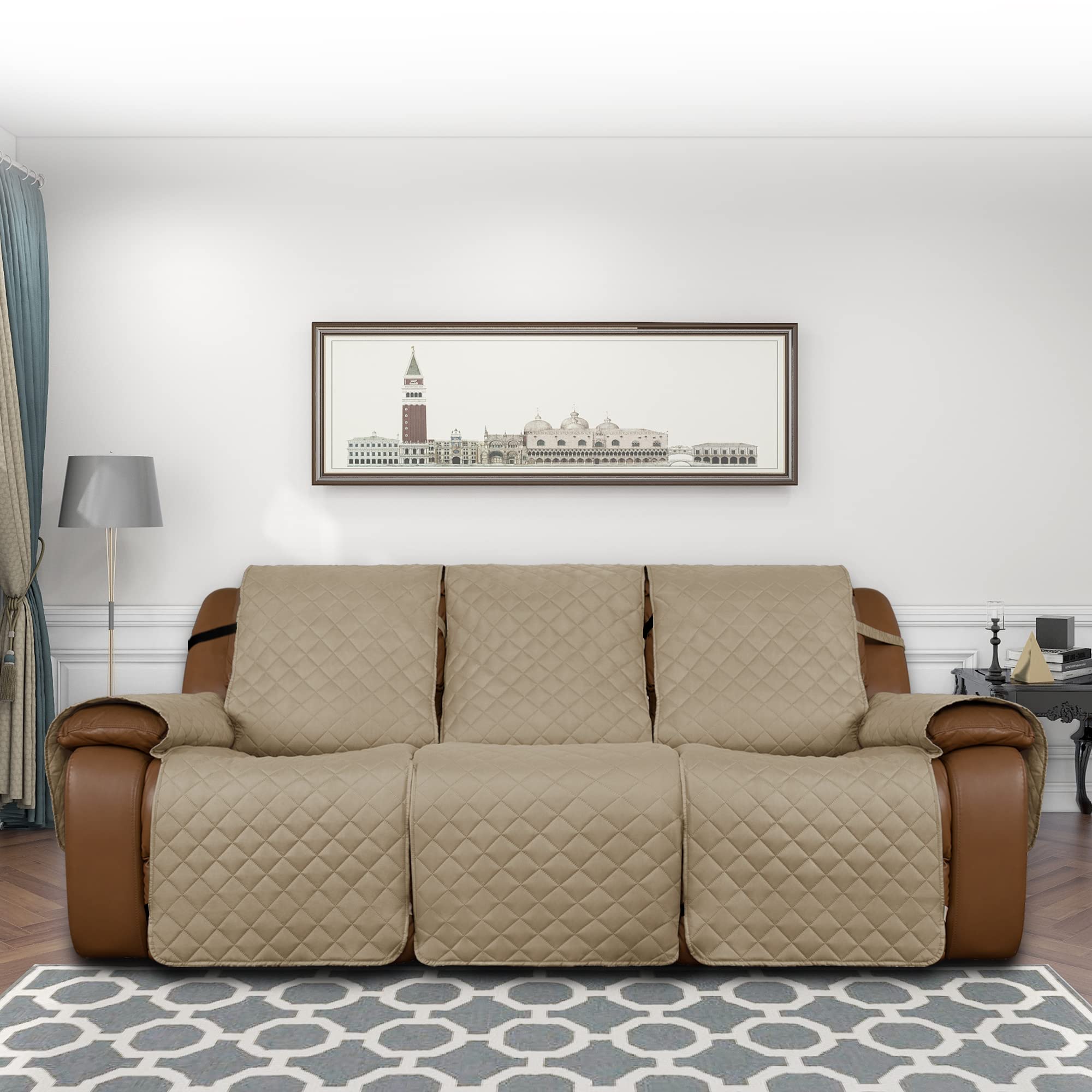 Easy-Going Oversized Recliner Sofa Cover, Reversible Couch Cover For 3 Seat Recliner, Split Sofa Cover For Each Seat With Elastic Straps For Kids, Dogs, Pets (3 Seater, Beige/Beige)