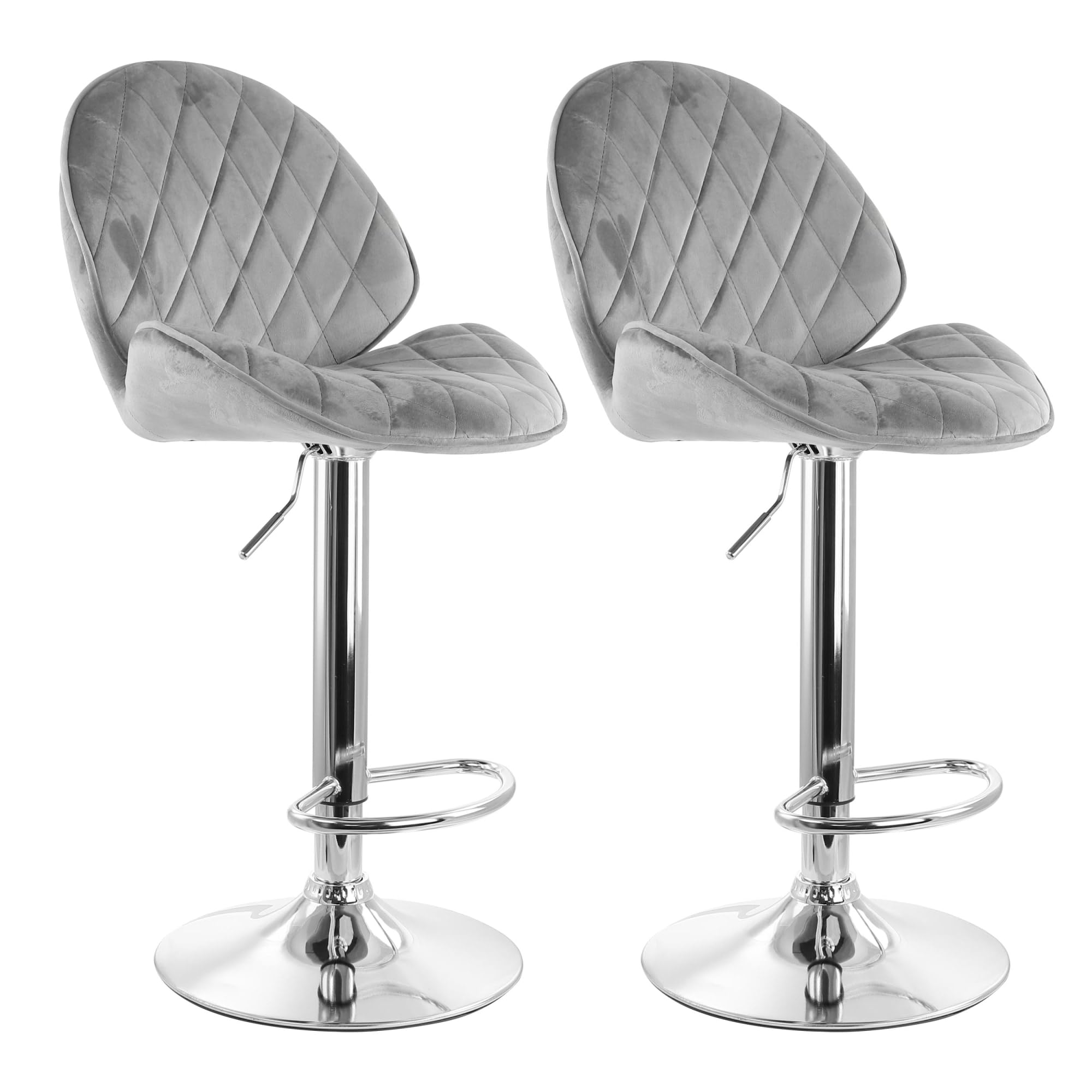 Elama 2 Piece Diamond Tufted Velvet Material Adjustable Bar Stool In Gray With Chrome Trim And Base