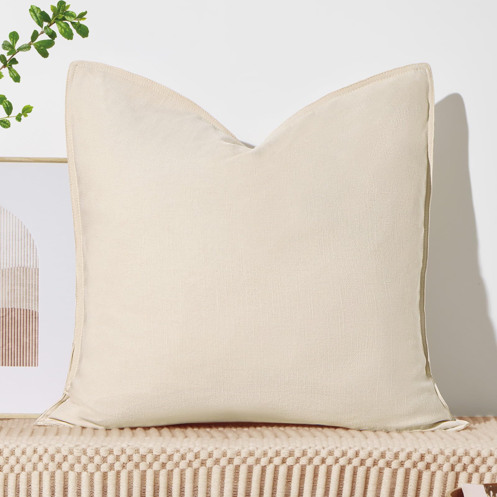 ORTIGIA 24x24 Linen Flange Edge Pillow Cover, Beige Decorative Square Throw Pillow Covers, Farmhouse Vintage Boho Solid Color Pi