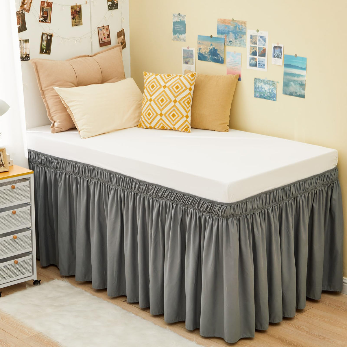 Rimela Dorm Bed Skirt Twin Xl 18 Inch Drop, Extra Long Wrap Around Elastic Bed Skirts Easy To Put On Twin Size Dust Ruffle, Gray