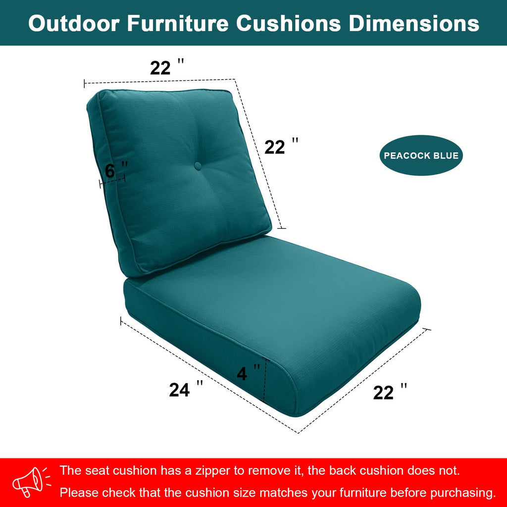 Belord Patio Furniture Cushions With Removable Cover, 1 Pair Of Peacock Blue Cushions Including 1 Seat Cushion And 1 Back Cushio
