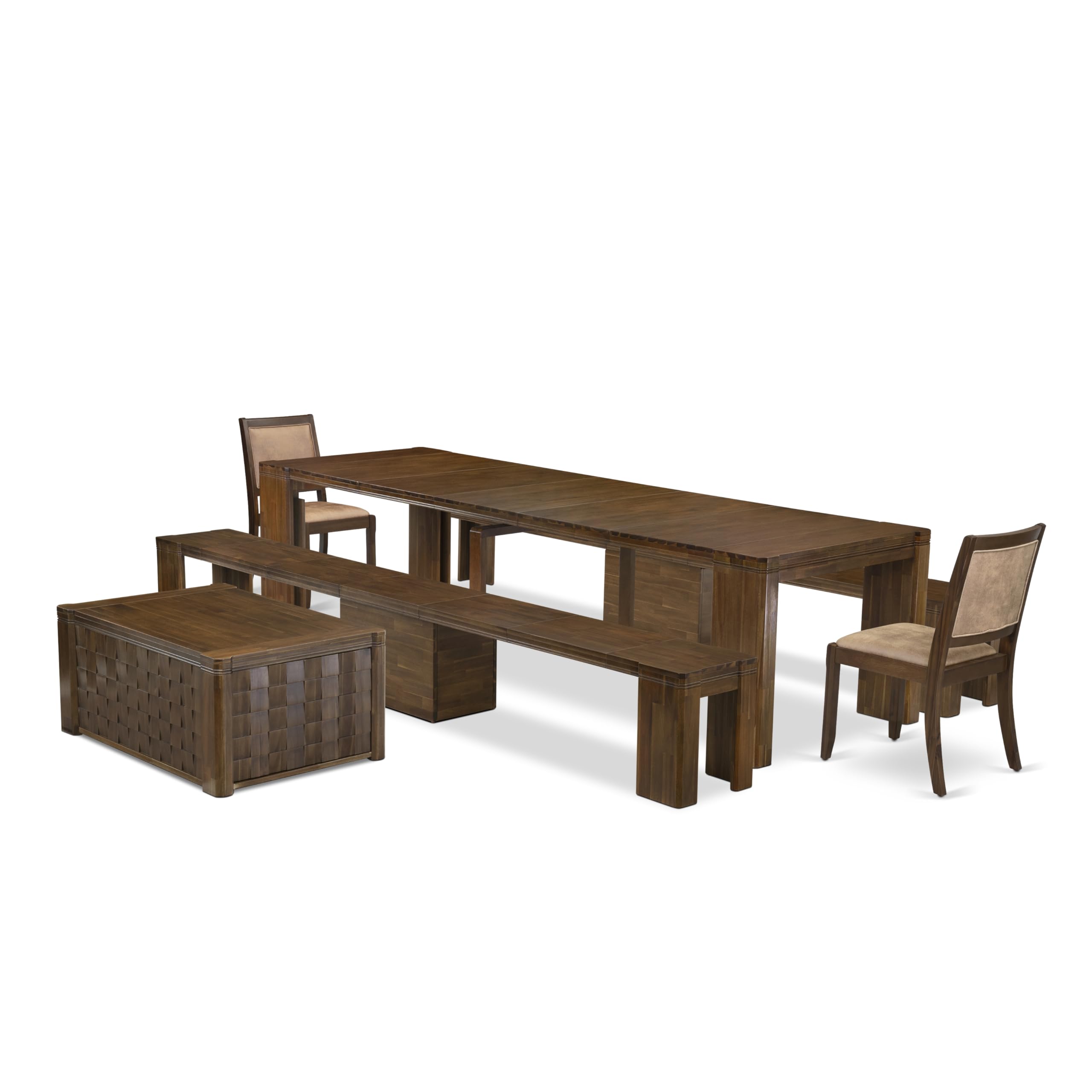 Luxe by East West Furniture - X02X2-2C8-28 - 6pc Kitchen Dining Table Set includes an Extendable Rectangle Kitchen Table, 1 Coffee Table, 2 Stackable Chairs and 2 Benches, 39x120 Inch, Antique Walnut