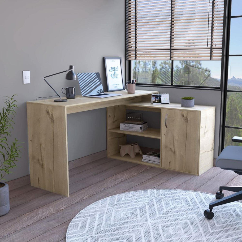 DEPOT E-SHOP Boston L-Shaped Desk, Single Door Cabinet, 2 Open Shelves, 2 Interior Shelves, Light Oak