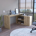 DEPOT E-SHOP Boston L-Shaped Desk, Single Door Cabinet, 2 Open Shelves, 2 Interior Shelves, Light Oak