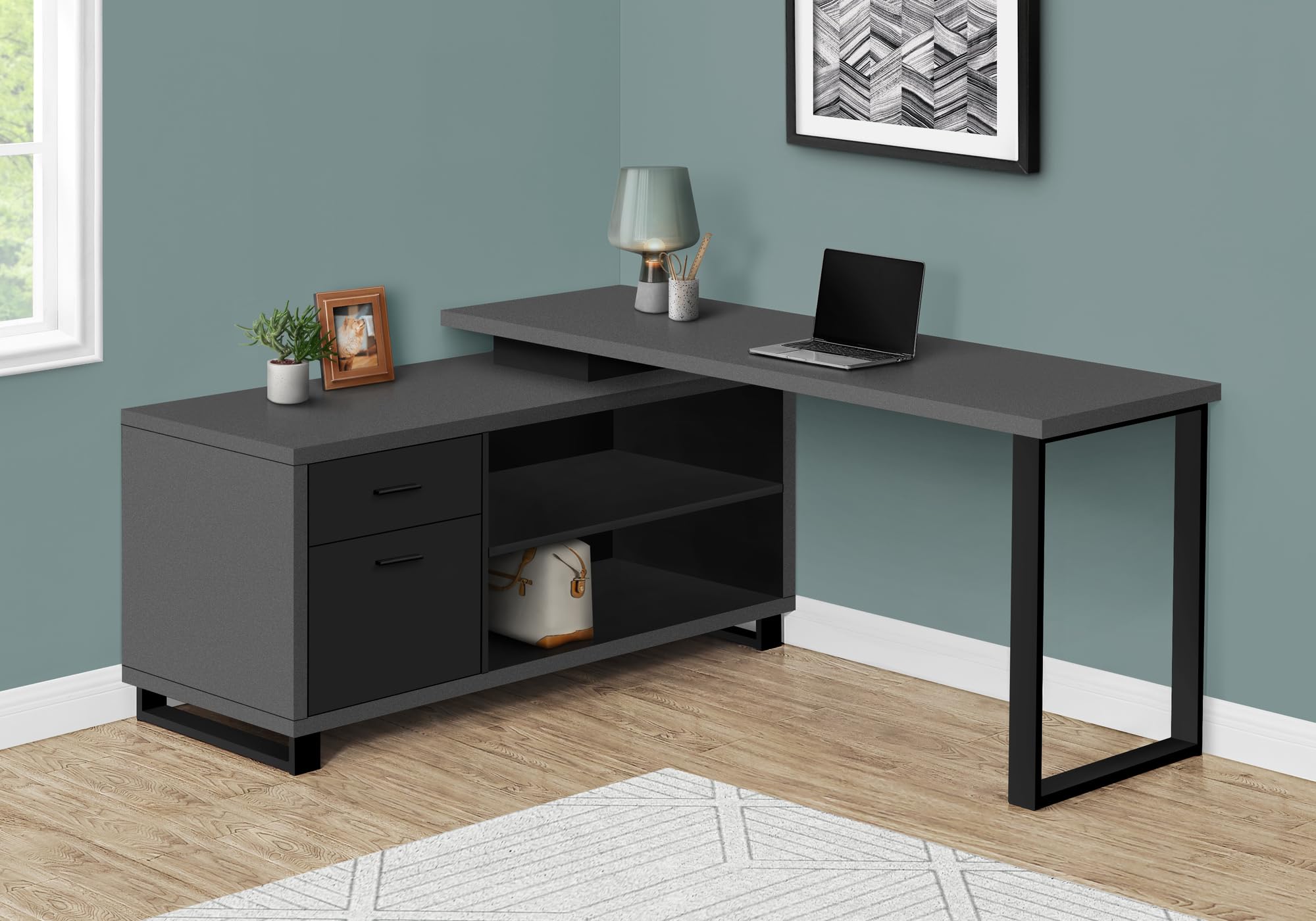 Monarch Specialties 7715 Computer Desk, Home Office, Corner, Storage Drawers, Shape, Work, Laptop, Metal, Laminate, Contemporary, Desk-72 L Modern Grey Black Executive, 72&quot; L x 60&quot; W x 31.25&quot; H
