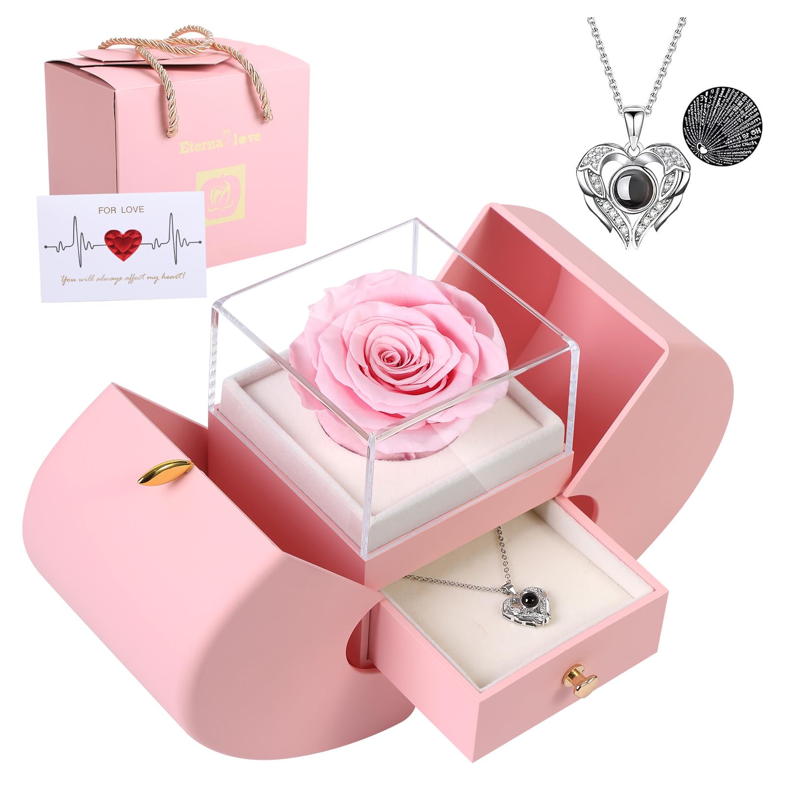 Preserved Real Pink Rose Gift with I Love You in 100 Languages Necklace, Cute Gifts for Girlfriend, Women, Mom, Wife, Gifts Idea