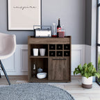 Bar- Coffee Cart 29"" H, Kitchen Or Living Room Cabinet Storage, with 6 Bottle Racks, A Central Shelf Covered by 1 Wood Door, Ideal for Storing Glasses and Snacks, Dark Walnut