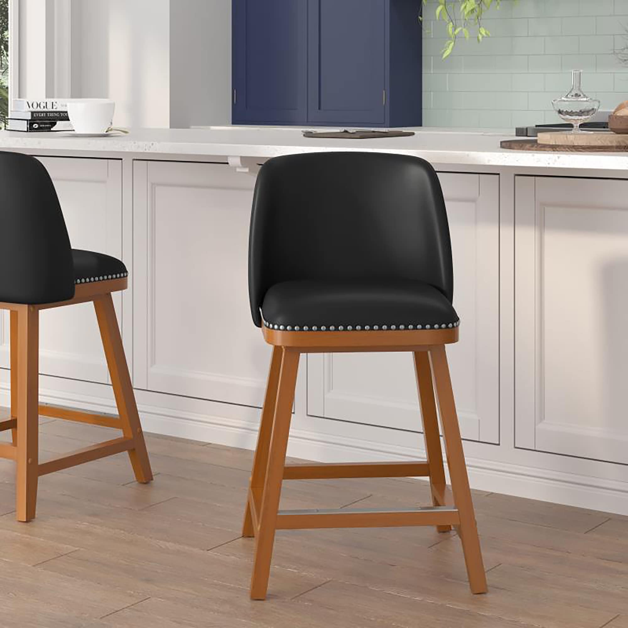 Flash Furniture Julia Set of 2 Transitional Counter Stools - Black LeatherSoft Upholstery - Silver Nailhead Trim - 24 Inch - Walnut Finish Wood Frames
