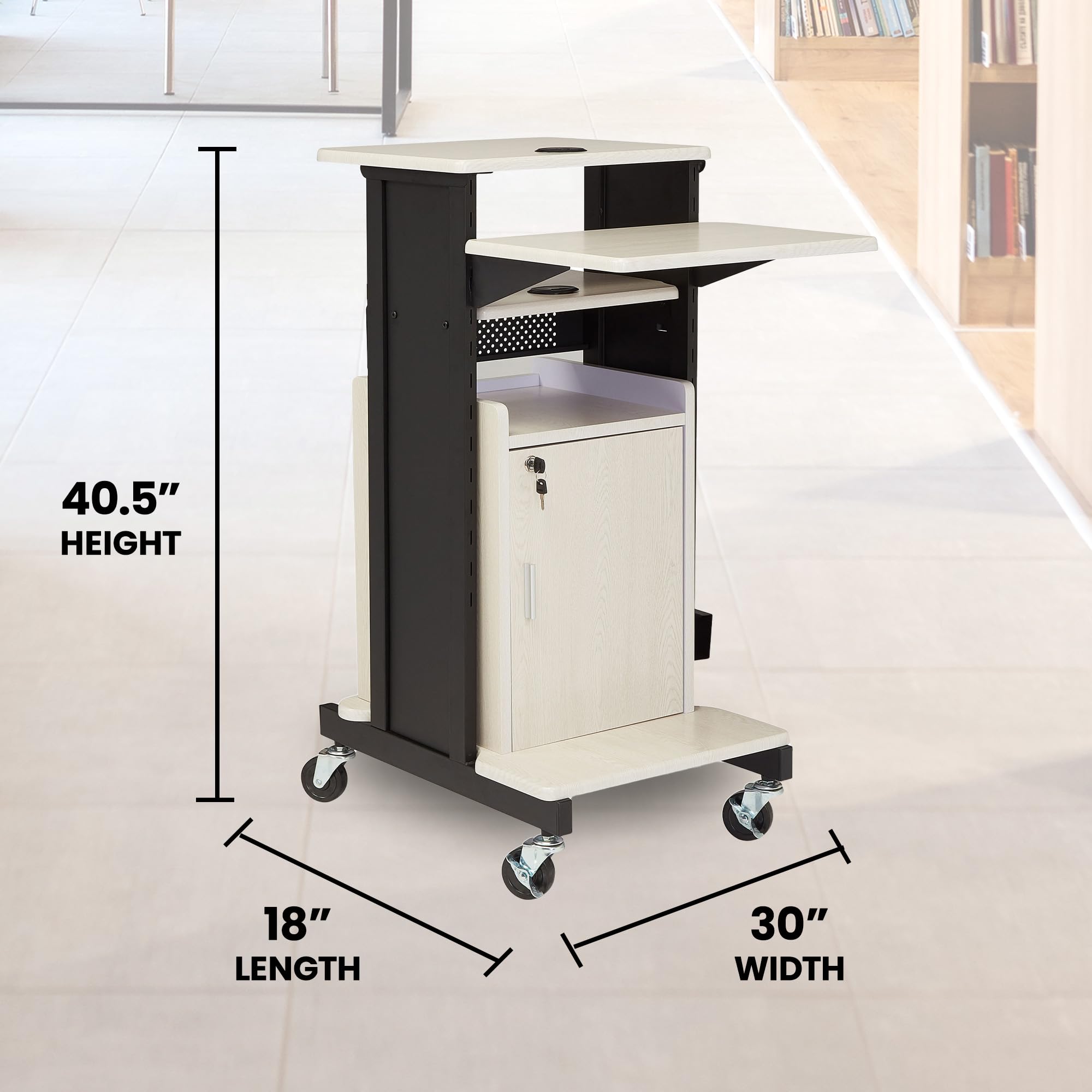 Oklahoma Sound Premium Plus Steel Wheeled Av Presentation Cart With Storage Cabinet, Wire Management Grommets, And 6 Outlet Power Strip, Ivory/Black