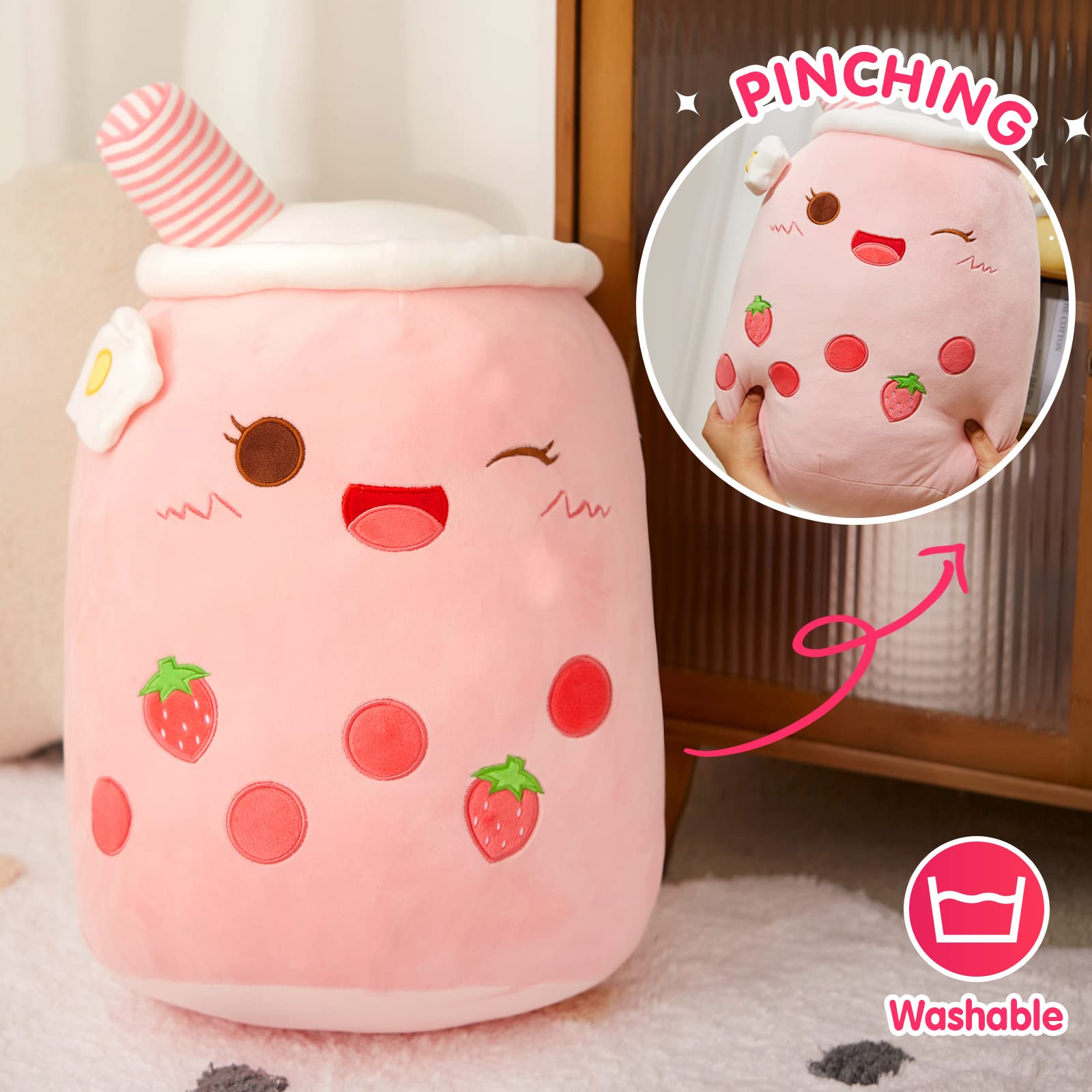 Athoinsu Pink Strawberry Tea Plush Pillow 20' Giant Kawaii Stuffed Bubble Animal Toy Birthday Christmas Holiday Valentines Gift