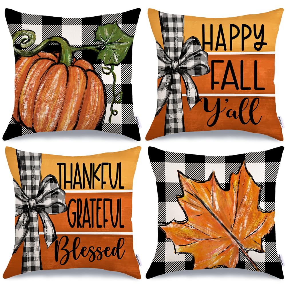 Geeory Fall Pillow Covers 16 X 16 Inch Set Of 4, Buffalo Bowknot Pumpkin Maple Leaf Decorative Throw Cushion Cases Farmhouse Tha