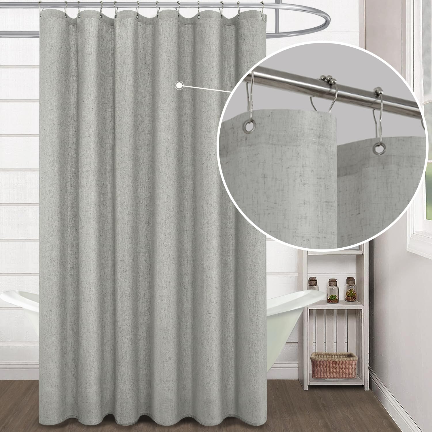 Koufall Grey Waterproof Linen Fabric Shower Curtain For Bathroom 72X80 Inches Long