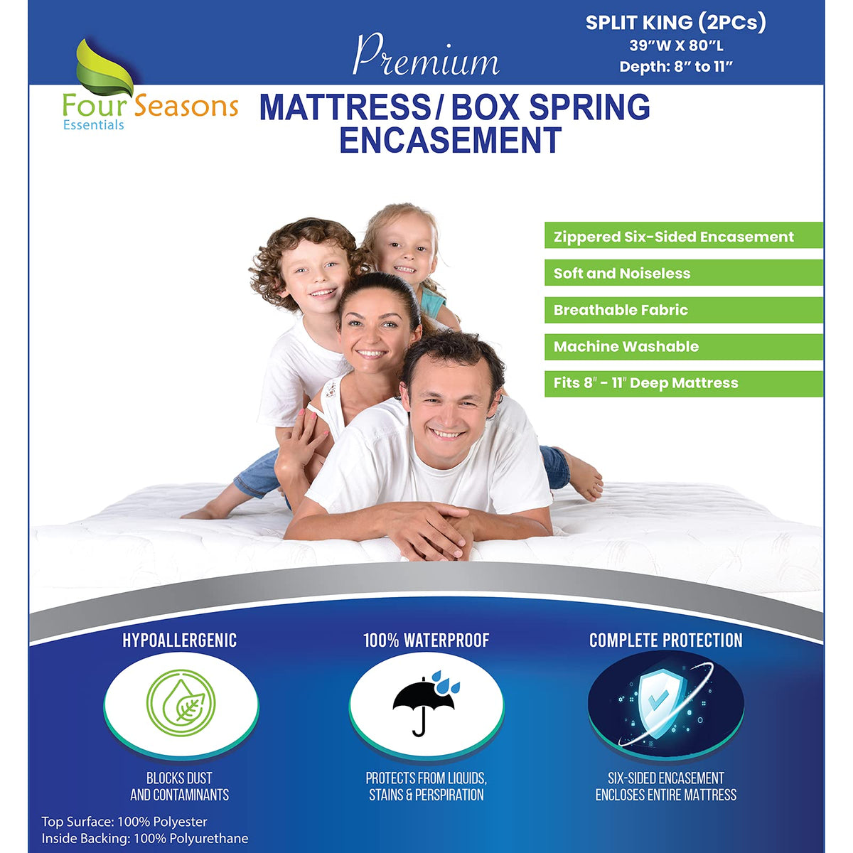 Split King Mattress/Box Spring Encasement 39' X 80' (2Pcs) - Waterproof Zippered Protector Hypoallergenic Premium Quality Bed