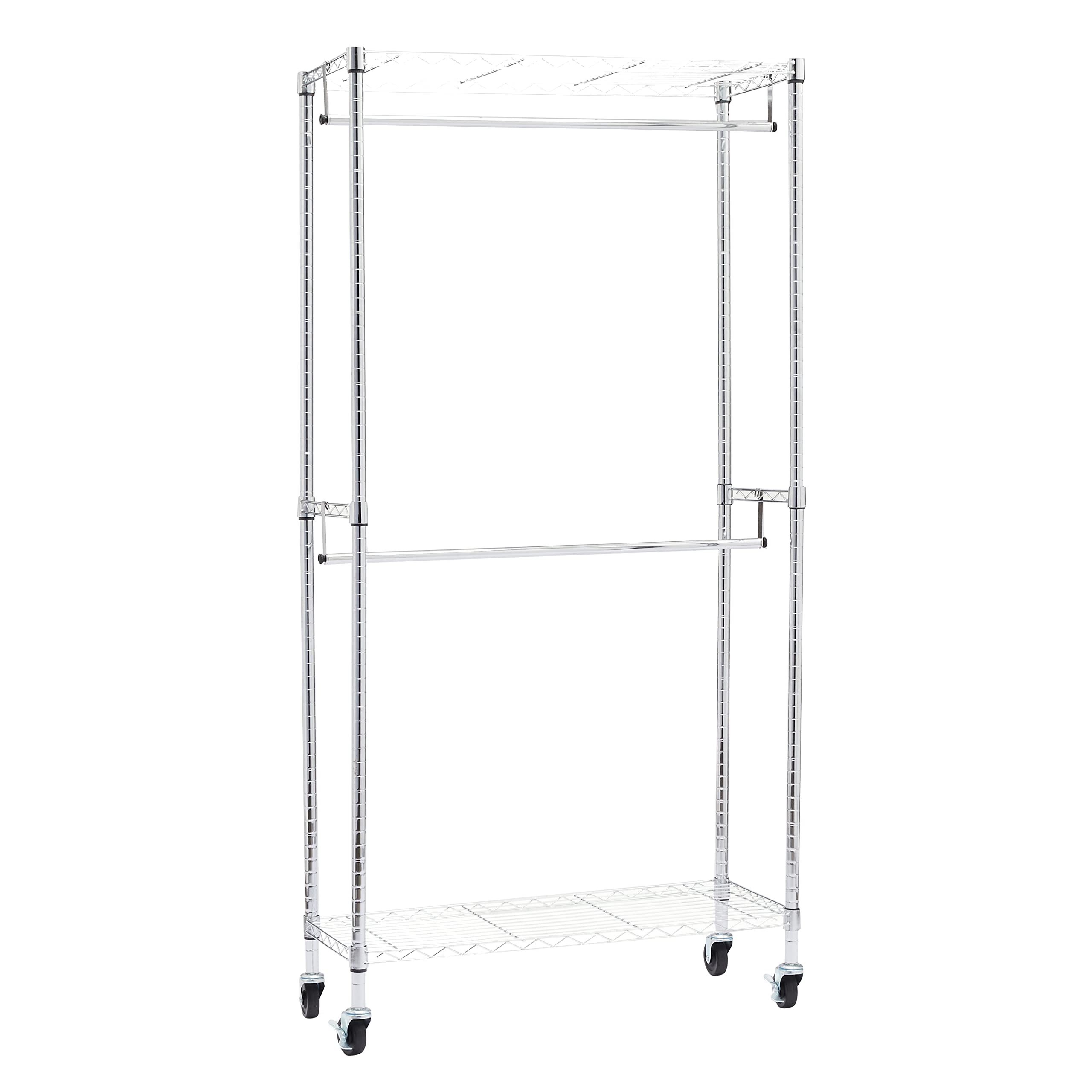 Amazon Basics Adjustable Clothes Rack for Handing, Double Hanging Rod Garment Rolling Closet Clothing Organizer, Chrome, 36 x 