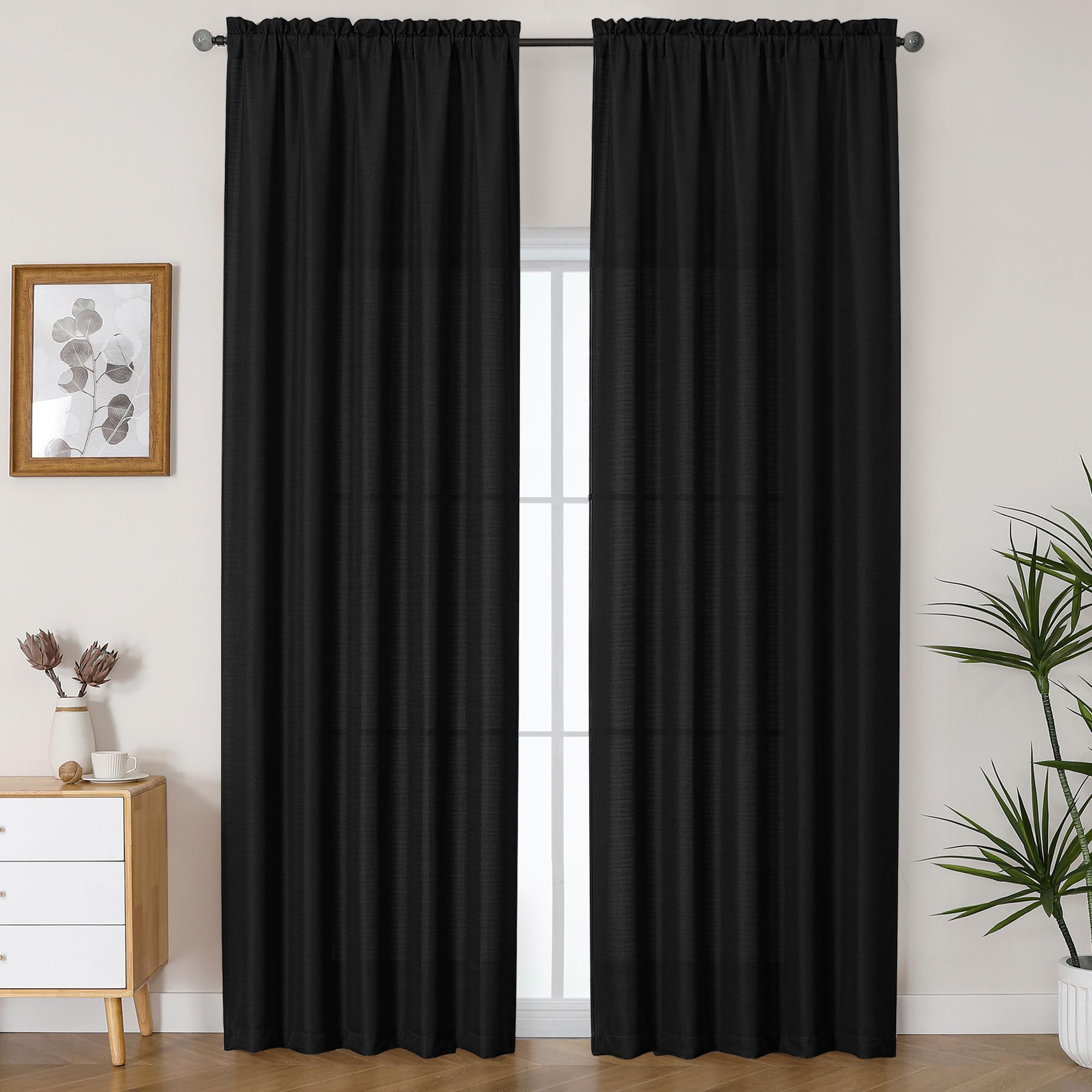 Lecloud Bessie Faux Linen Black Curtains 2 Panels 90 Inches Long, Airy Light Filtering Privacy Drapes with Rod Pocket for Bedroo