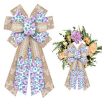 Large Spring Wreath Bows Purple Butterfly Burlap Bows for Wreath, Blue Brown Lace Flowers Ribbon Bows Spring Retro Flowers Decor