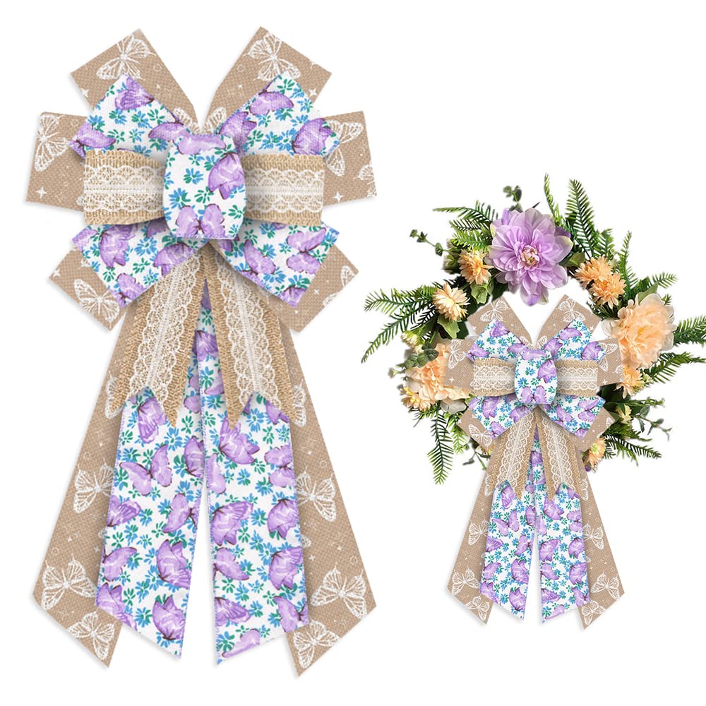 Large Spring Wreath Bows Purple Butterfly Burlap Bows for Wreath, Blue Brown Lace Flowers Ribbon Bows Spring Retro Flowers Decor