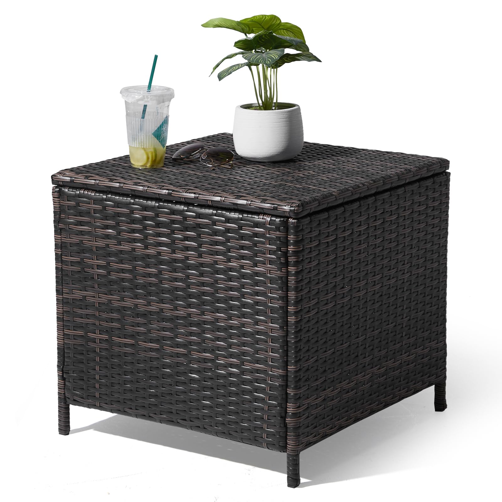 VINGLI Outdoor Side Table with Storage, 13-Gallon Patio Deck Box Outdoor Wicker Side Table for Poolside Balcony Storage Table (B