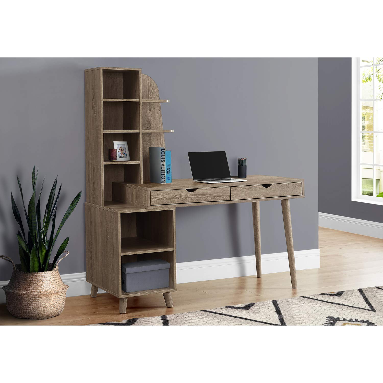 Monarch Specialties Large 2 Drawers Shelves-Bookcase for Home or Office Solid Wood Legs Computer Desk, Dark Taupe