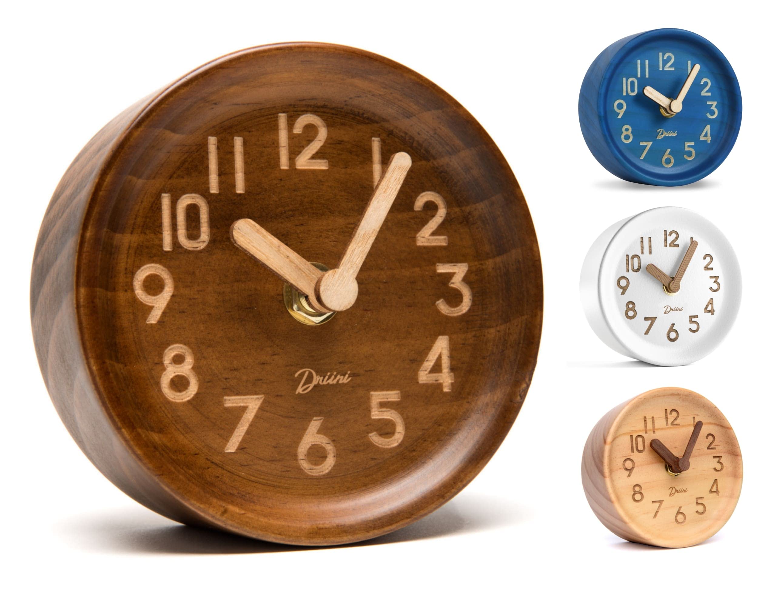 Driini Wooden Analog Desktop Clock - 4.3 in. Decorative Pinewood Clock, No-Tick Design - Easy to Read Silent Sweep Mantle Clock 