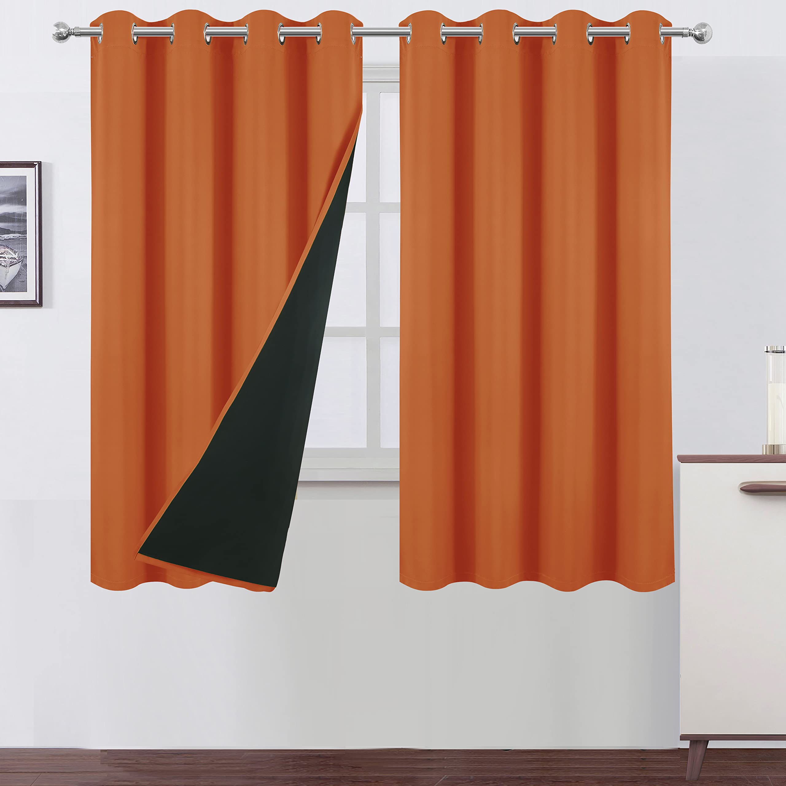 Lemomo 100% Blackout Curtains 52 X 63 Inch/Orange Curtains 2 Panels With Black Lining Room Darkening Thermal Insulated Bedroom C