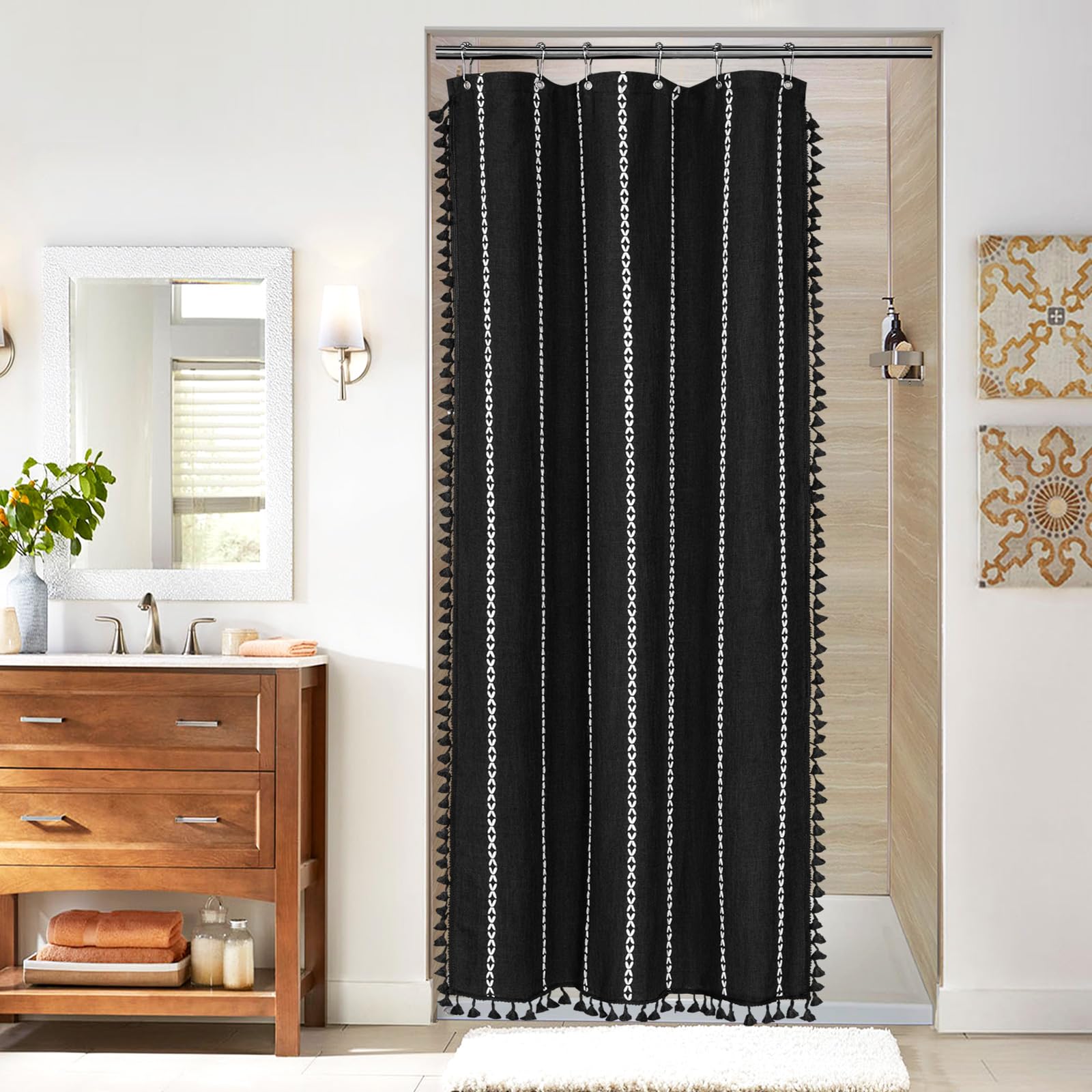 MitoVilla Black Small Stall Shower Curtain 36 x 72, Half Size Narrow Polyester Linen Heavy Fabric Shower Curtains for Boho Farmh