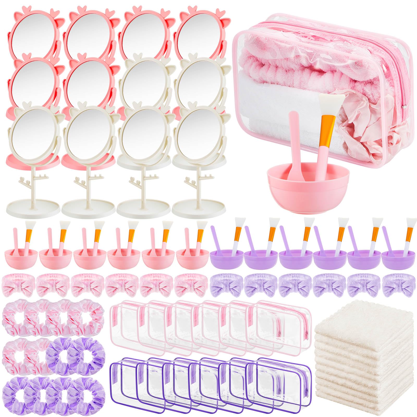 Shinylin 96pcs Spa Sleepover Party Supplies Bulk, Include Face Mask Mixing Bowl Set, Mirror, Headband, Scrunchies, Cosmetic Bags