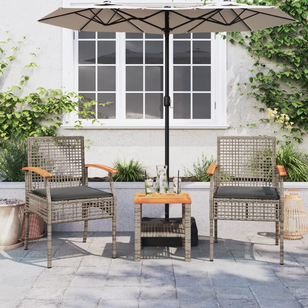 vidaXL Bistro Set - Outdoor 3 Piece Gray Poly Rattan & Acacia Wood Seating with Cushions for Patio, Garden, Backyard, or Balcony Furniture