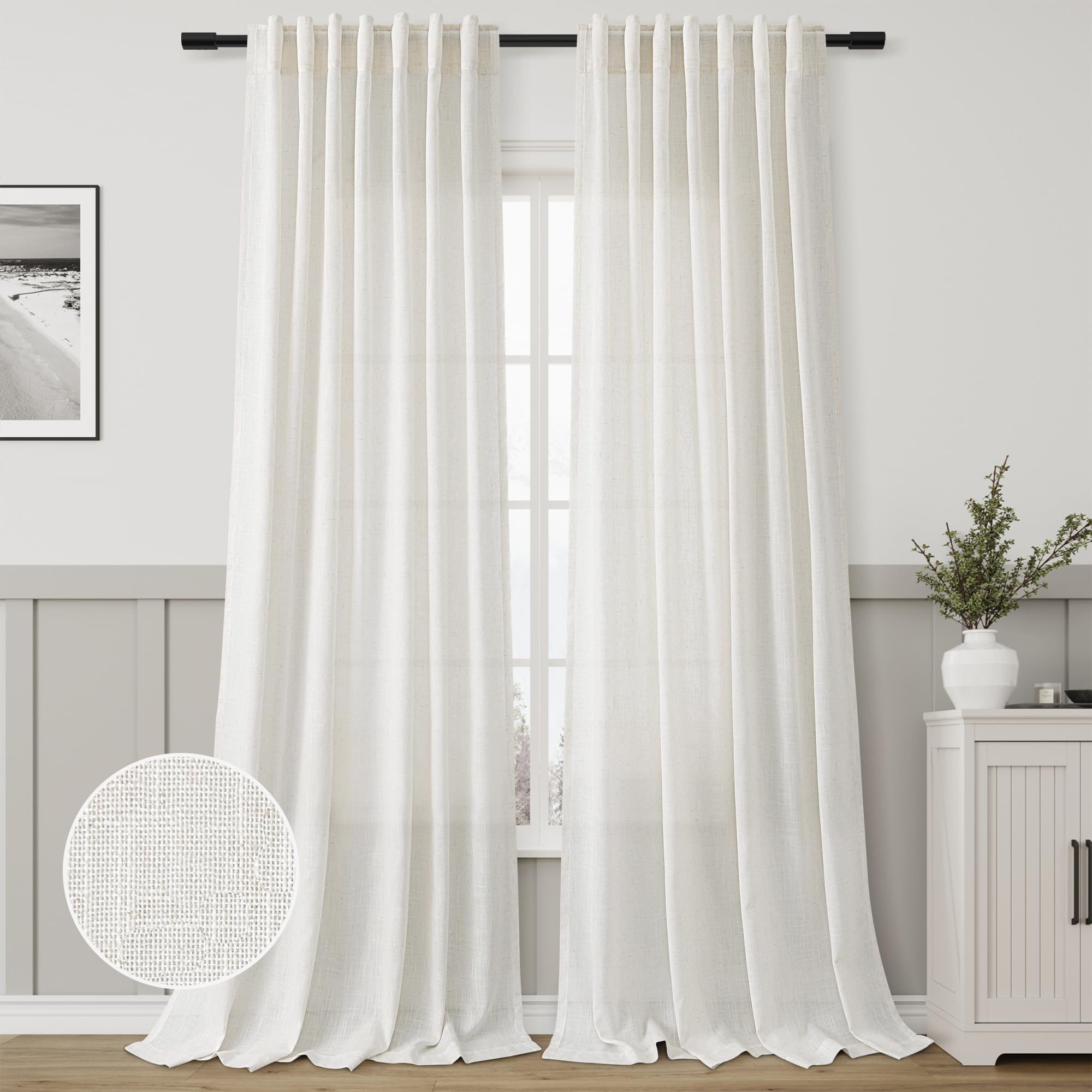 Natural Semi Sheer Linen Curtains 102 Inch Long Back Tab Loop Pocket Elegant Light Filtering Curtains For Living Room Neutral Fa