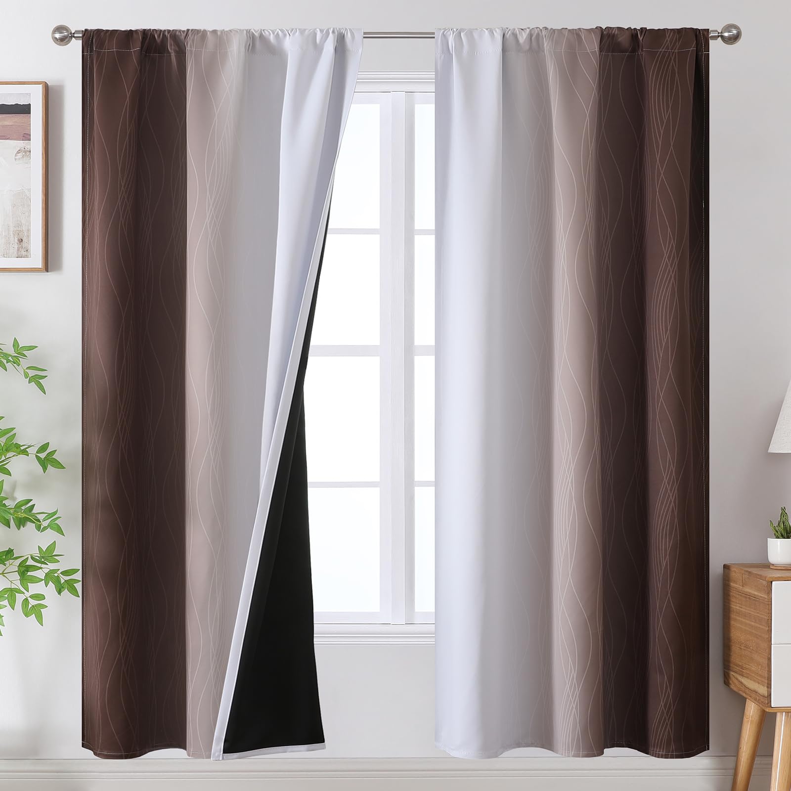 Estelar Textiler Brown And Greyish White Ombre Blackout Curtains For Living Room, Full Room Darkening Rod Pocket Gradient Curtai