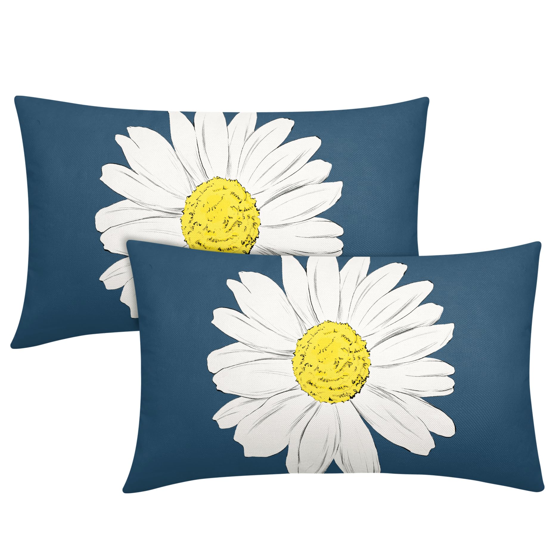 Kawani Daisy Flower Blue Lumbar Pillow Covers 12X20 Inch White Petal Floral Bloom Decorative Pillow Cases Set Of 2 Spring Summer