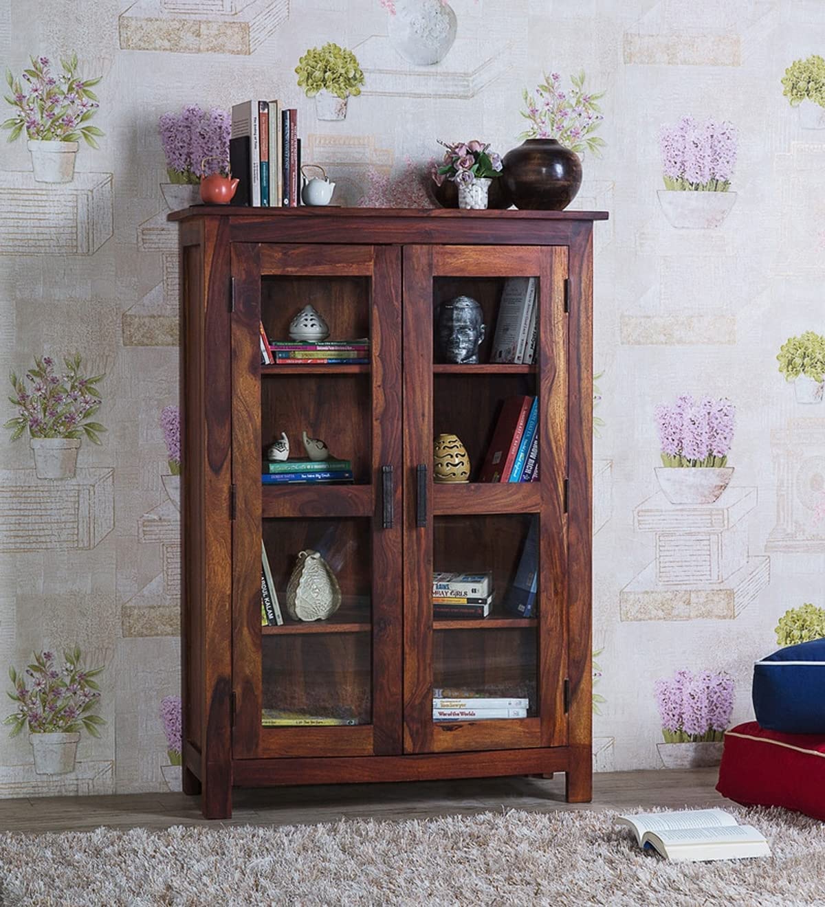 PC WOOD FURNITURE Wooden Bookshelf For Living Room | Solid Wood 4 Shelves Door Book Case Shelf With Storage For Home, Office & S