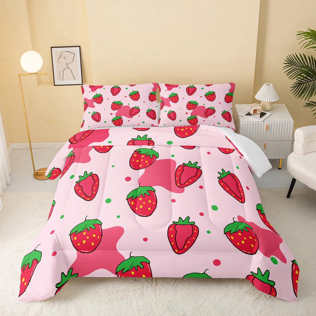 Qoomo Kawaii Comforter Twin,Pink Strawberry Comforter Set For Kids Teens Girls,3Pcs Bedding Set Printed Comforter With 2 Pillowc