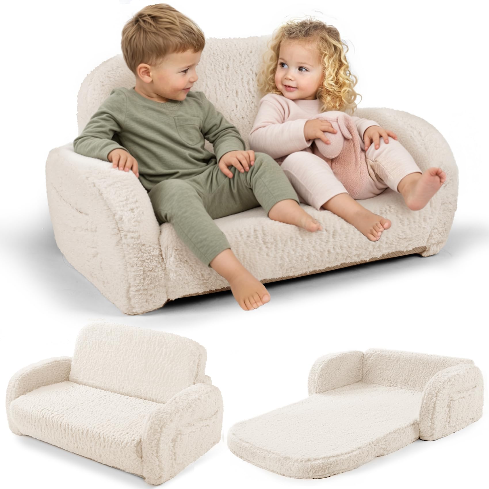 2-in-1 Sherpa Fold Out Kids Couch, Extra Wide Comfy Toddler Chair, Convertible Kids Sofa to Lounger, Foldable Toddler Couch with