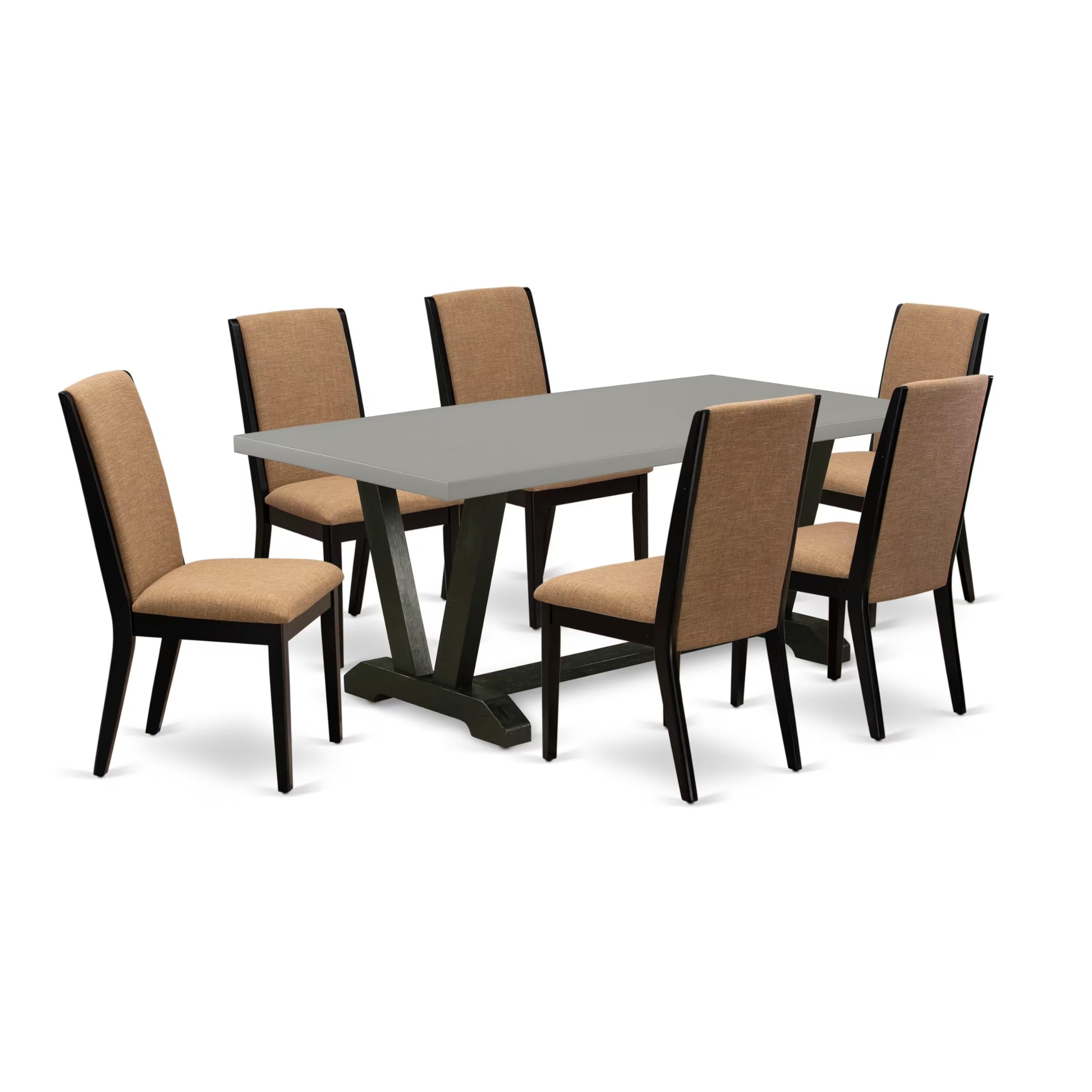 East West Furniture V697La147-7 7 Piece Dining Room Furniture Set Consist Of A Rectangle Dining Table With V-Legs And 6 Light Sable Linen Fabric Parson Chairs, 40X72 Inch, Multi-Color