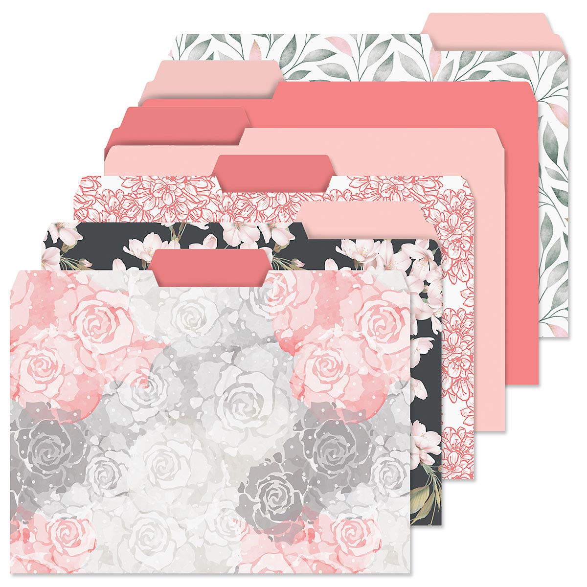 Charcoal & Coral File Folders Value Pack - Set Of 24 (6 Designs) 1/3 Cut Staggered Tabs, Bright, Pink Colorful Designs, Office S