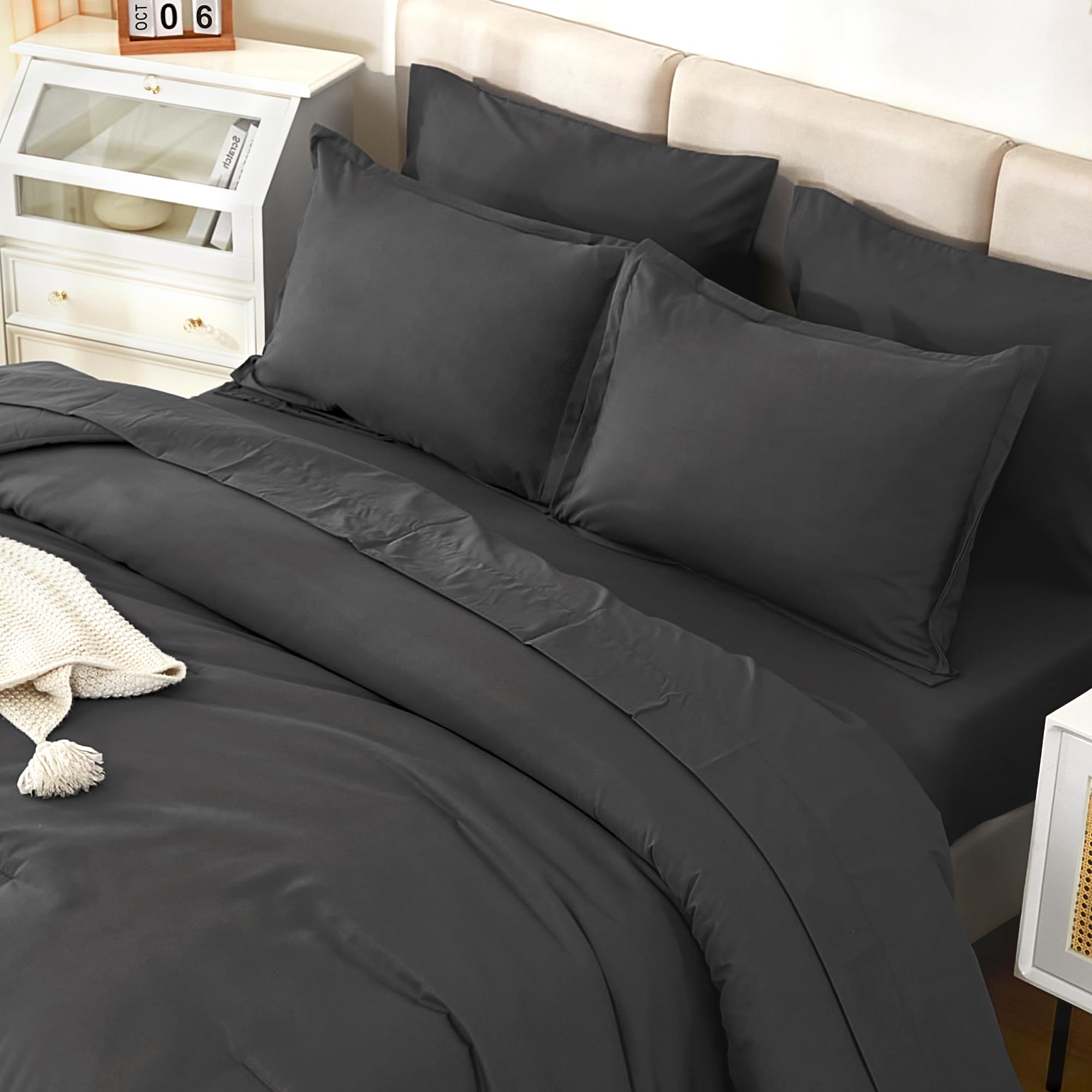 Litanika Comforter California King Size Set Dark Grey - 7 Pieces Bed In A Bag California King Beddding Comforter Sets, Plain Lig