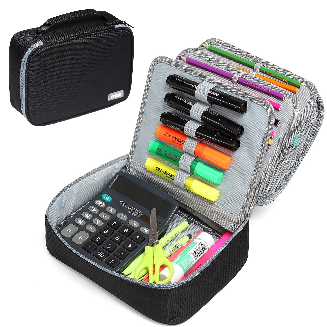 Vaschy Large Pencil Case, Art Color Pencils Pouch With Detachable Layers Multiple Zip Pockets For School Office Stationary Organ