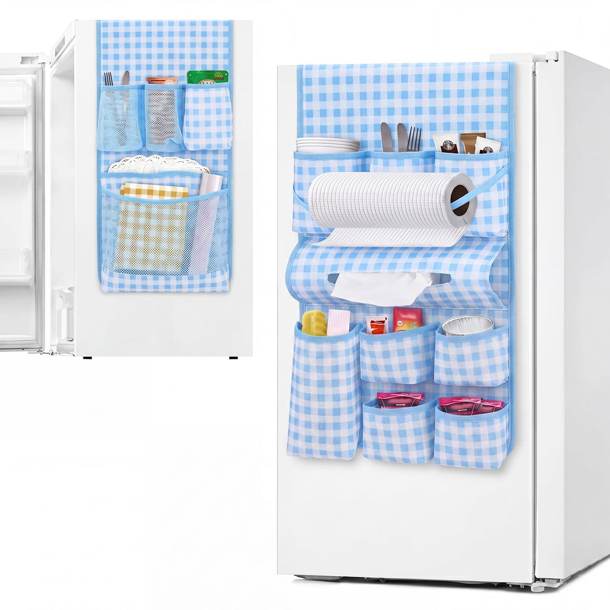 Weysat Mini Fridge Organizer with 14 Pocket for Dorm,Gingham,Blue